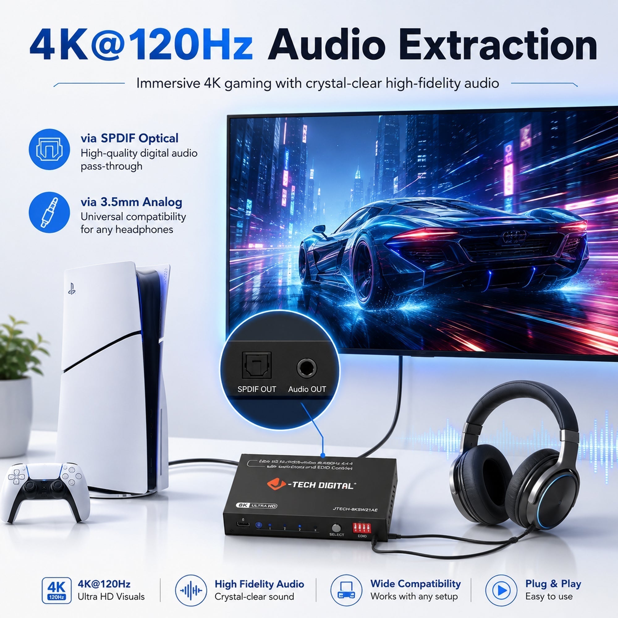 J‑Tech Digital 4K@120Hz HDMI Audio Extractor, SPDIF Optical and 3.5mm Analog Audio Output, HDMI Audio Splitter for Game Console TV Speaker System