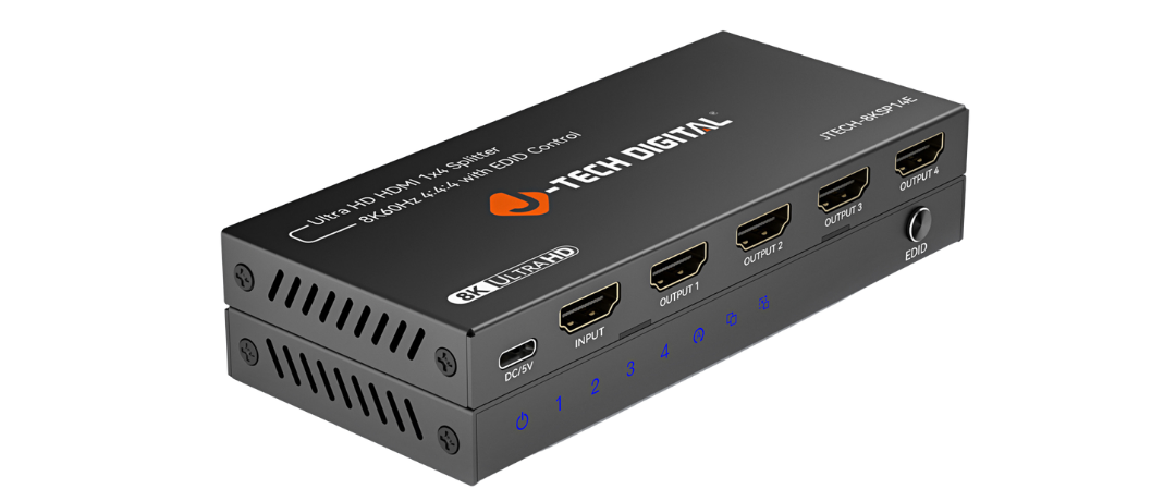 HDMI splitter with multiple output ports and LED indicators on a compact black metal housing.