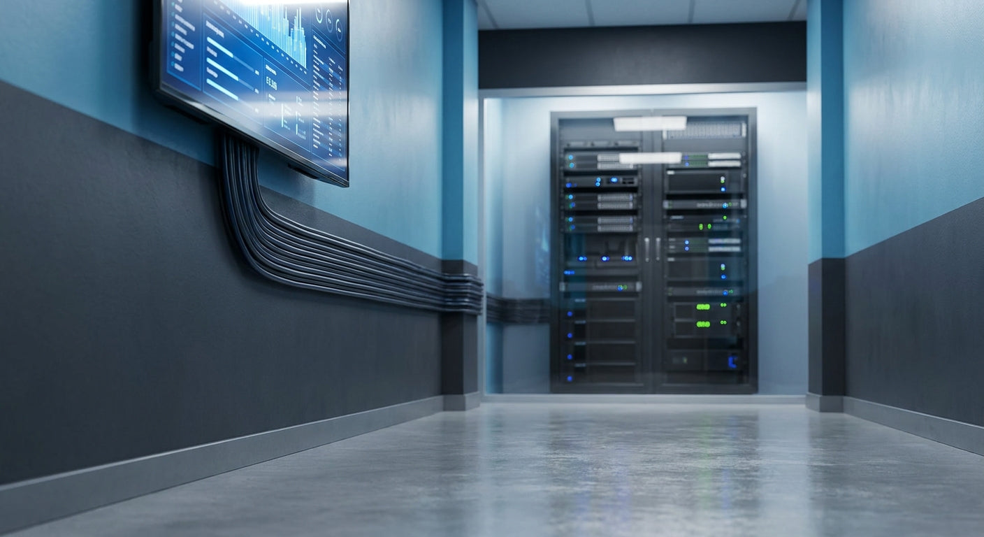 A professional AV networking rack with encoders and managed switches connected to a wall-mounted display screen in a modern commercial venue corridor.