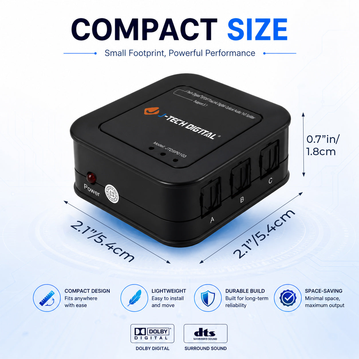 J‑Tech Digital compact digital optical audio splitter, dimension infographic, dolby and dts surround sound support