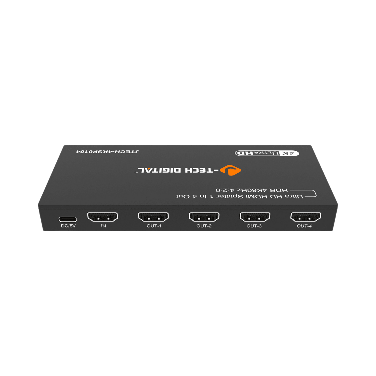 HDMI splitter with one input and four output ports on a black rectangular device