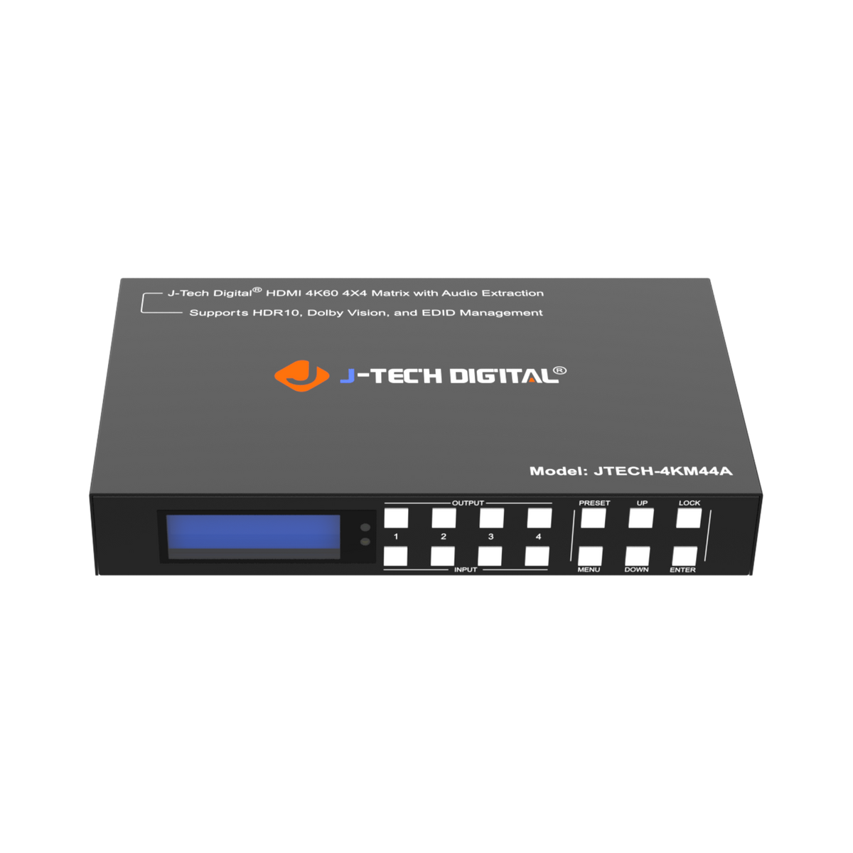 HDMI matrix switch with multiple input and output ports and a front-panel display.