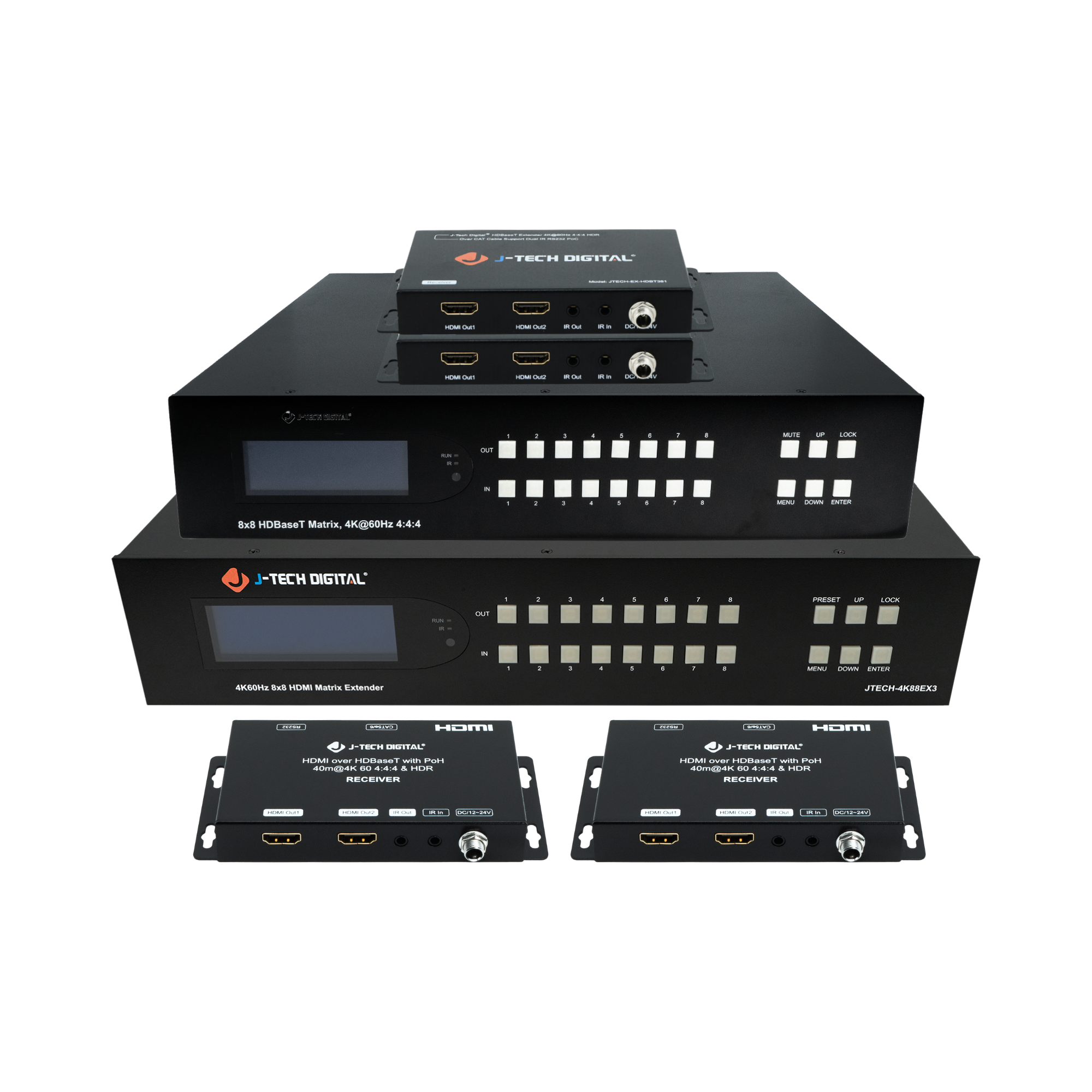 HDMI matrix extenders for distributing HDMI signals over ethernet for long distance transmission.