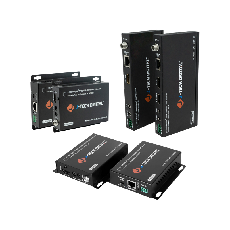 Wired HDBaseT extenders for long-distance video, audio, and control signal transmission