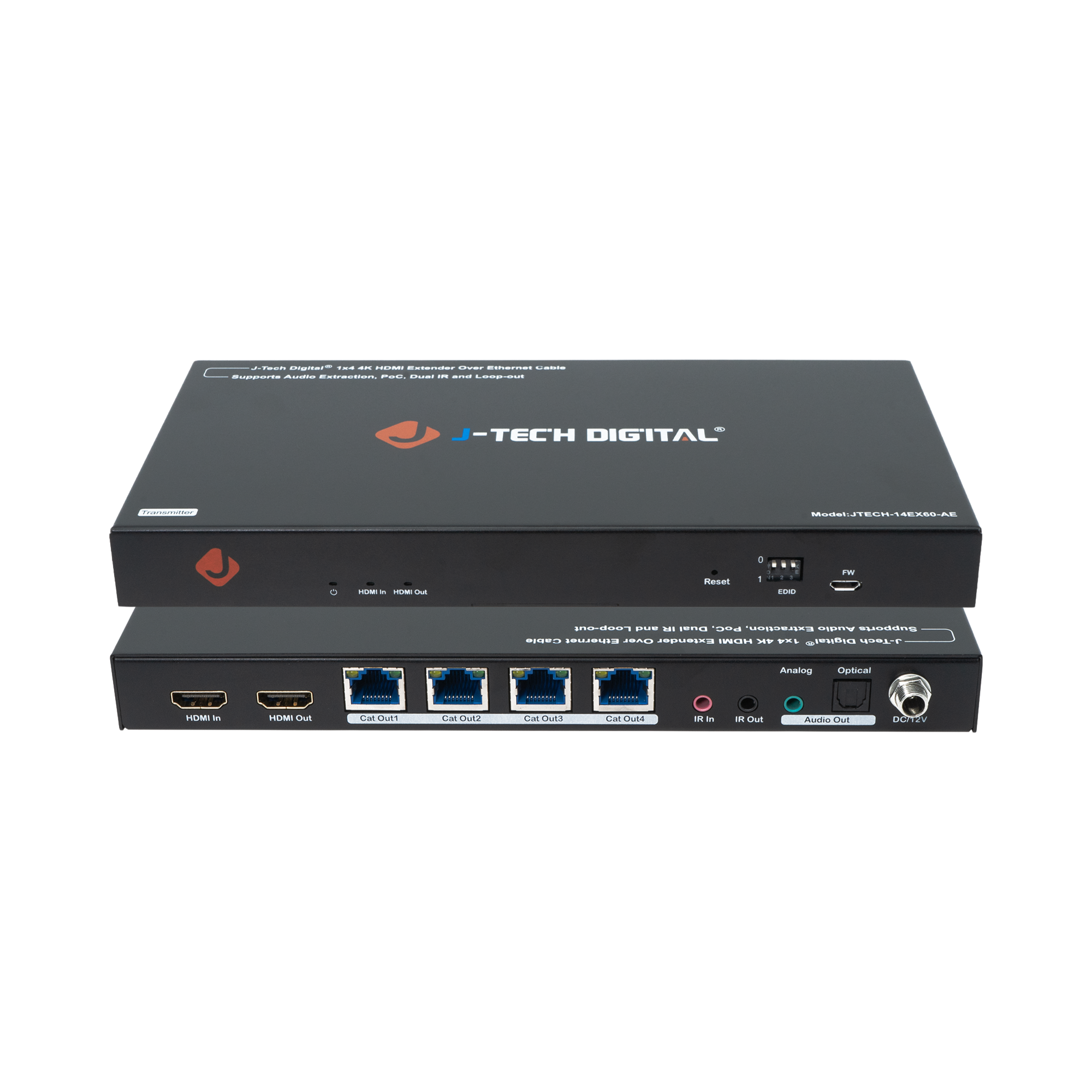 jtd-3145 1x4 4k hdmi extender over ethernet transmitter front and back ports