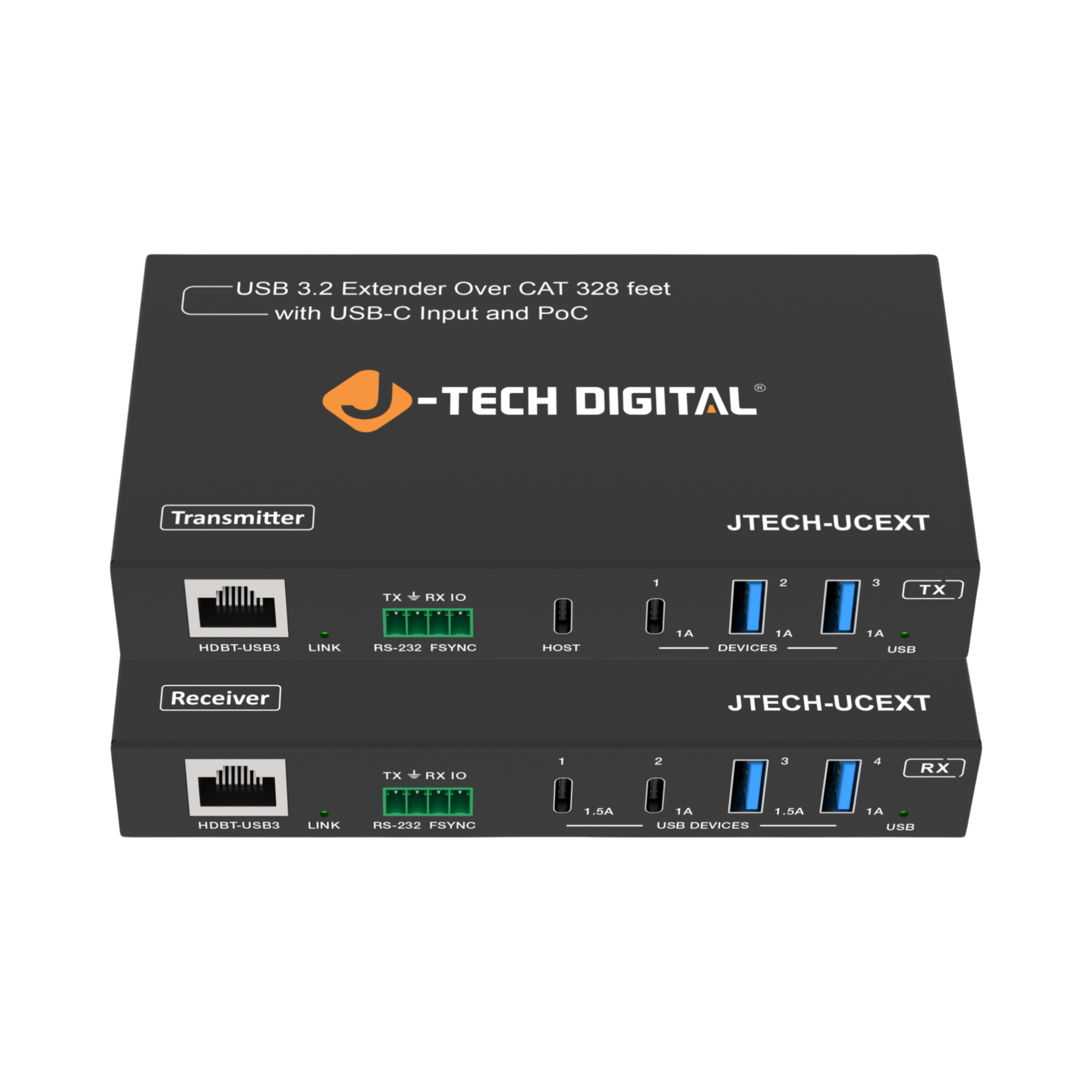 J-Tech Digital USB 3.2 extender over CAT 328 feet packaging on a white background