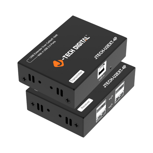 Two black USB extenders with JTECH DIGITAL branding on a white background