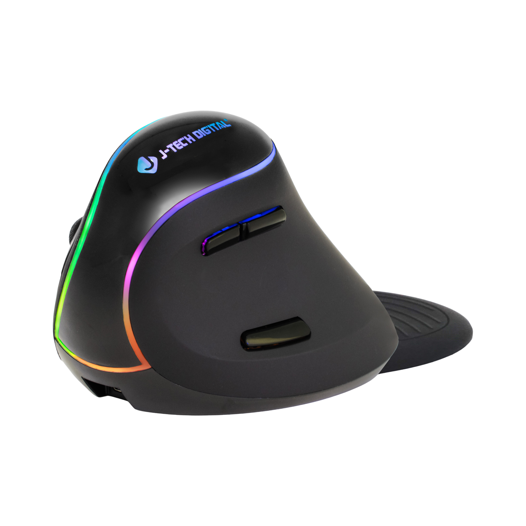 Black ergonomic mouse with RGB lighting on a white background