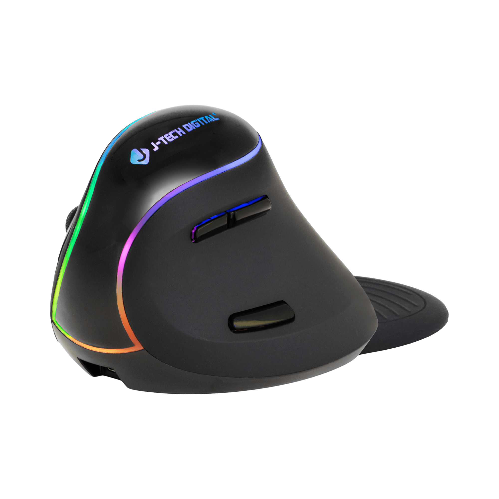 Black ergonomic mouse with RGB lighting on a white background