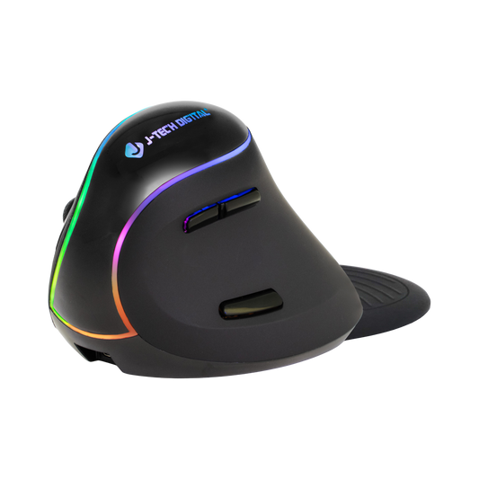 Black ergonomic mouse with RGB lighting on a white background