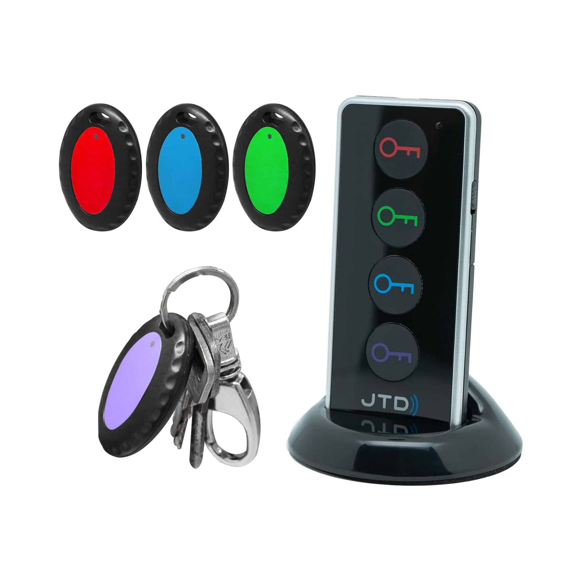 jtd-641 key finder with 4 receivers main image showing remote and tags