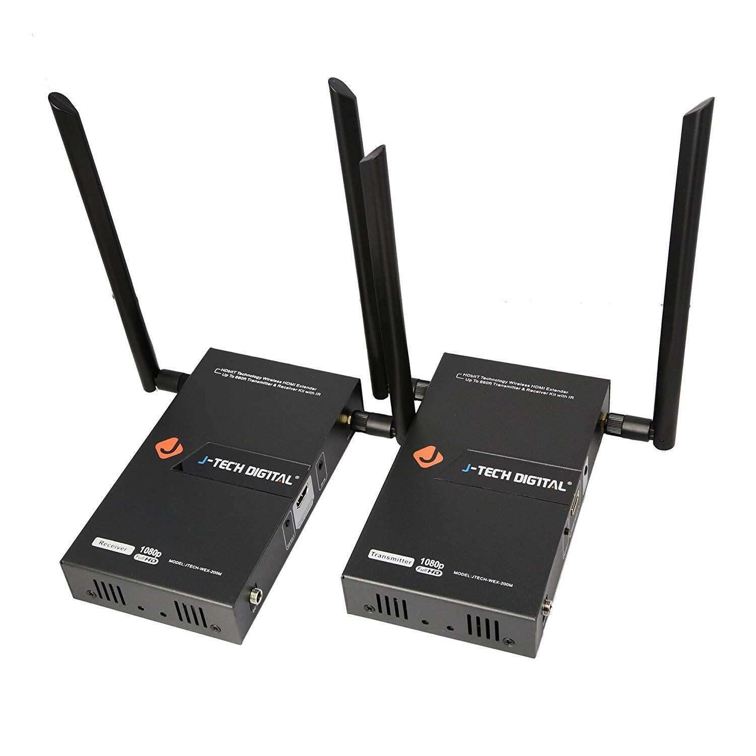 J-Tech Digital Two J-Tech Digital wireless HDMI transmitters with black antennas and compact metal housings