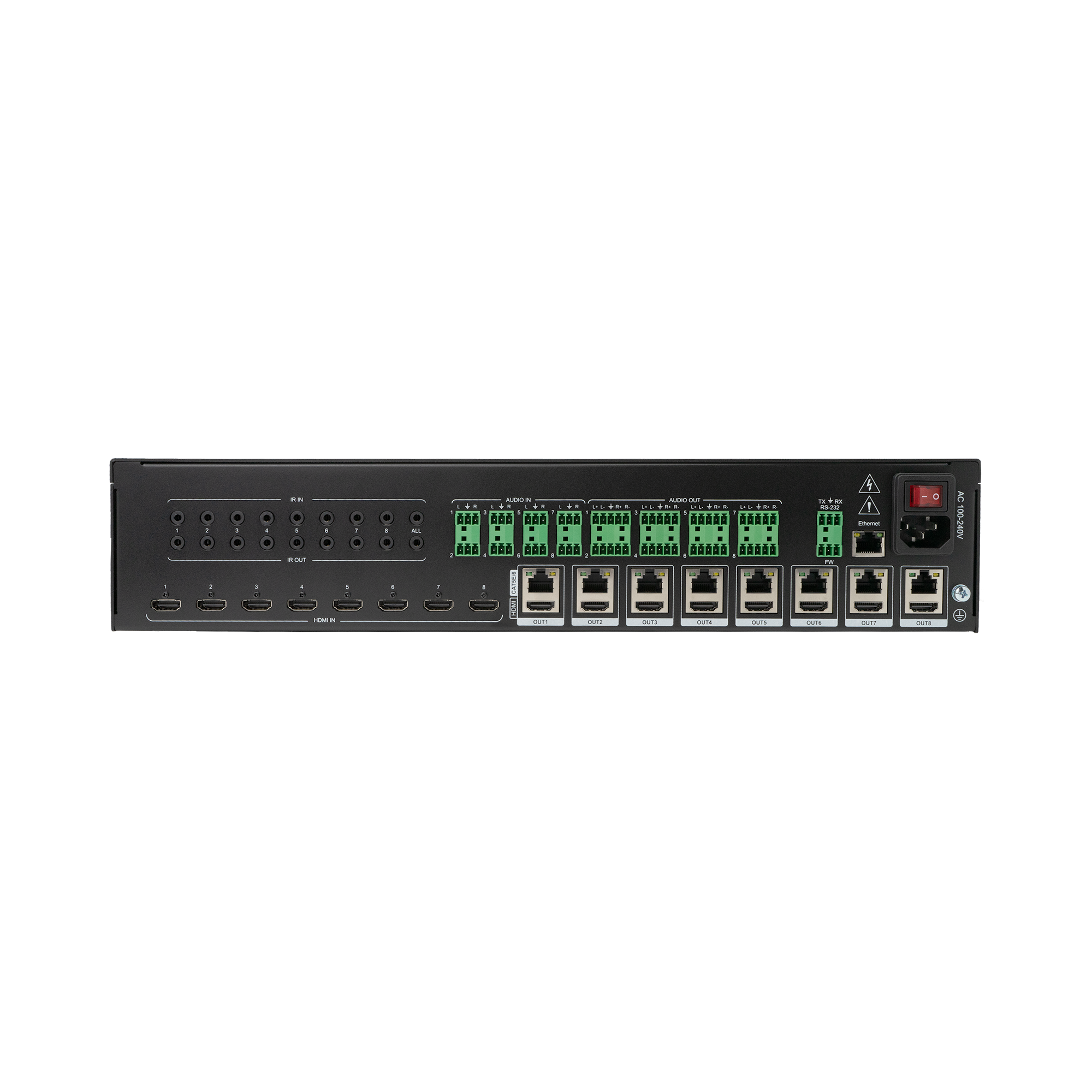 8x8 HDMI matrix extender with analog audio extraction and multiple control methods.