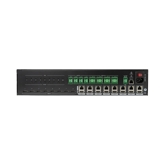 8x8 HDMI matrix extender with analog audio extraction and multiple control methods.