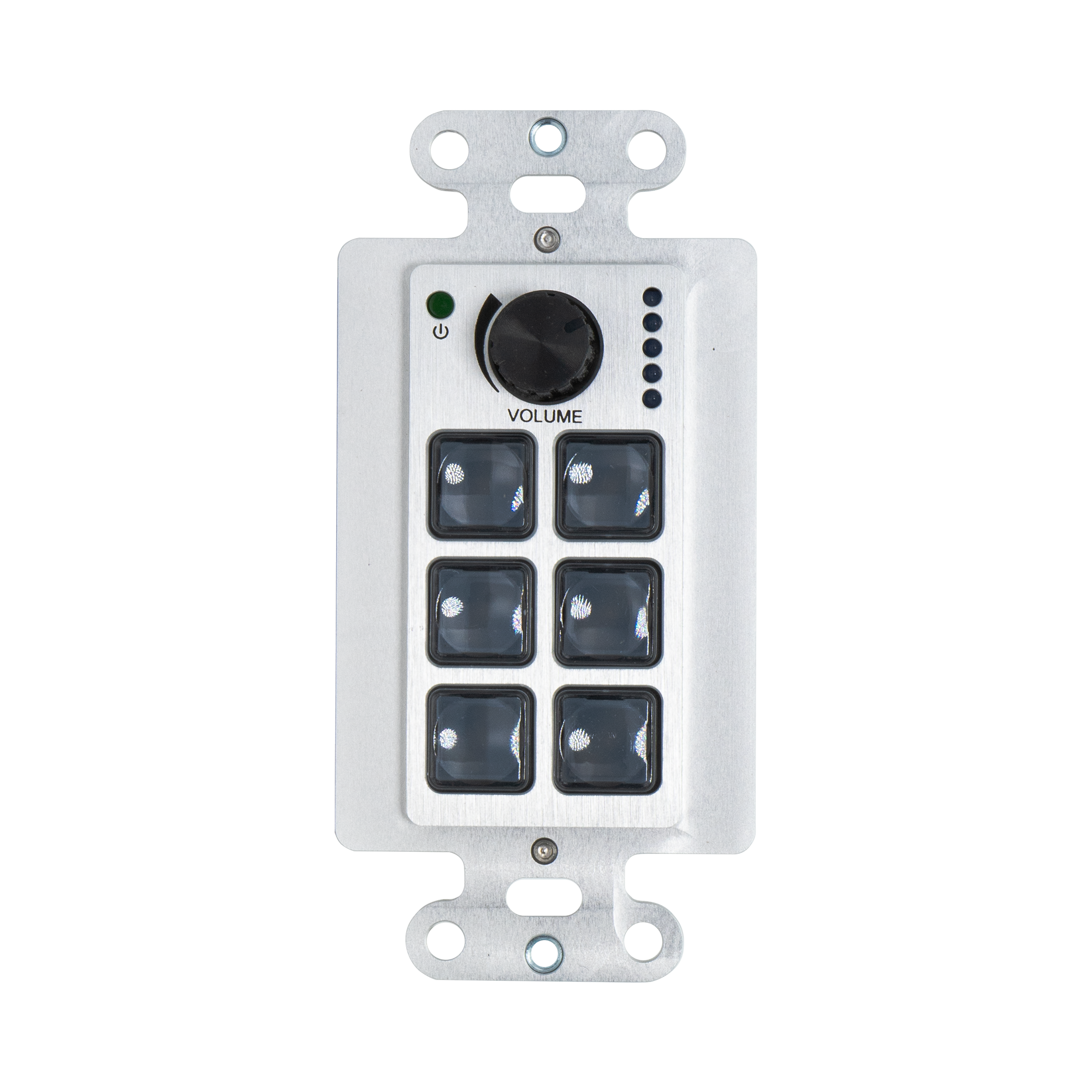 AV control panel wall plate with 6 customizable buttons.