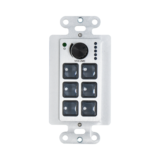 AV control panel wall plate with 6 customizable buttons.