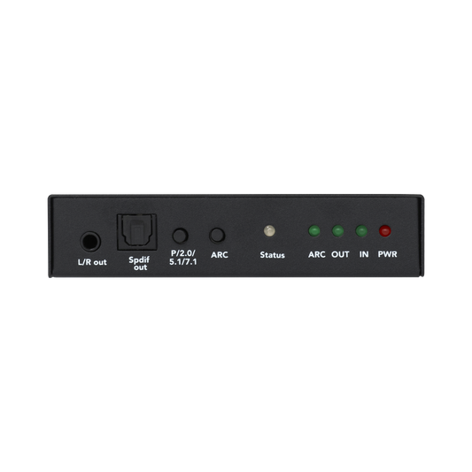 8K HDMI audio extractor with multiple output options: HDMI (audio only), Optical SPDIF, and 3.5mm L/R. Ideal for connecting ARC-capable displays to external speakers with high-fidelity sound support.