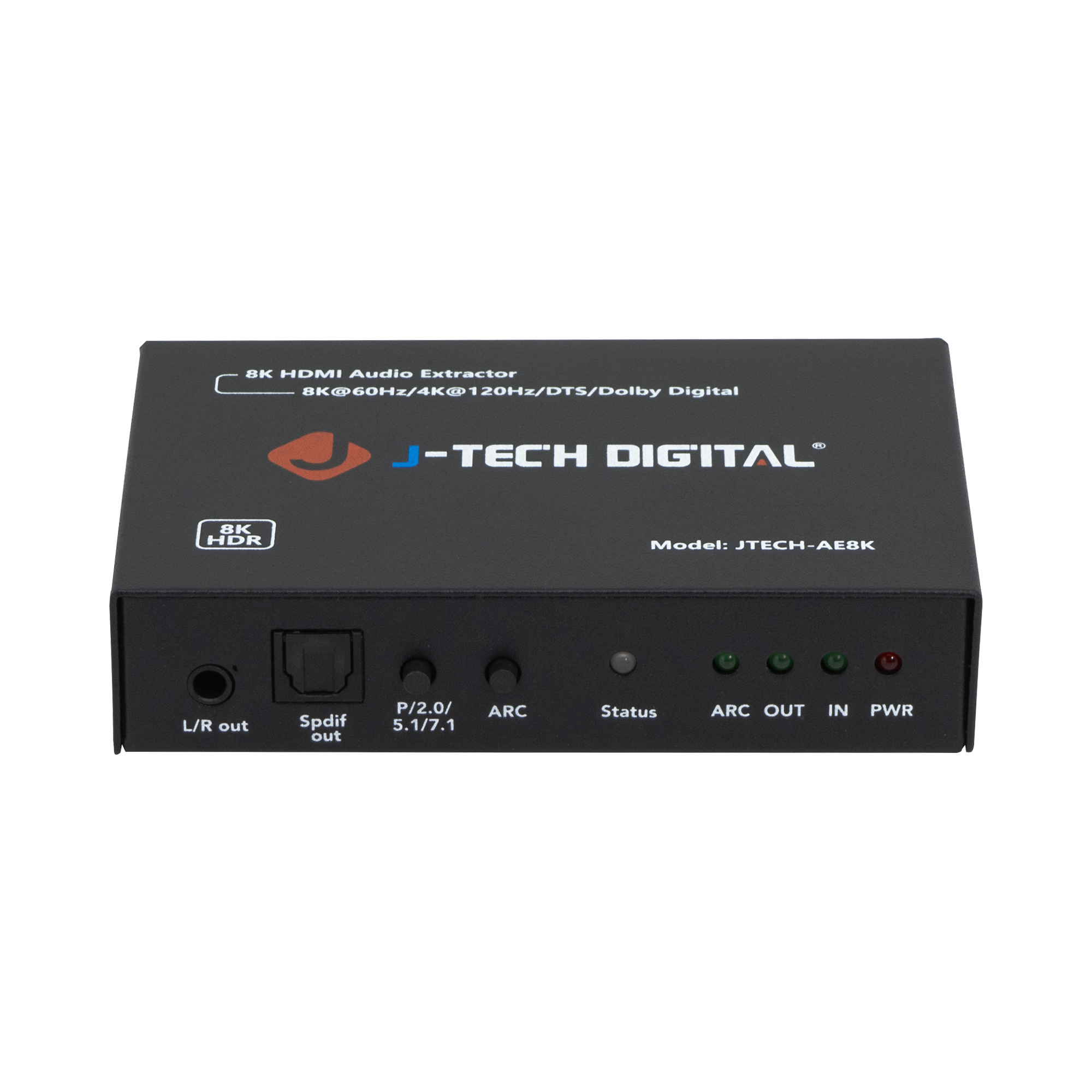High-performance HDMI audio extractor with 8K 60Hz and 4K 120Hz HDR support. Extracts audio via HDMI out, Optical SPDIF, or 3.5mm L/R. Features HDMI-ARC for seamless audio transmission to external sound systems.