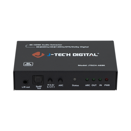 High-performance HDMI audio extractor with 8K 60Hz and 4K 120Hz HDR support. Extracts audio via HDMI out, Optical SPDIF, or 3.5mm L/R. Features HDMI-ARC for seamless audio transmission to external sound systems.