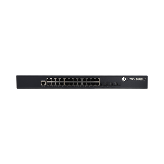 Reliable 24-Port AV Over IP Gigabit Ethernet Switch with 4 SFP+ Ports – Flexible Routing, Layer 3 Functions, Web Management for J-Tech Digital AV Over IP Systems