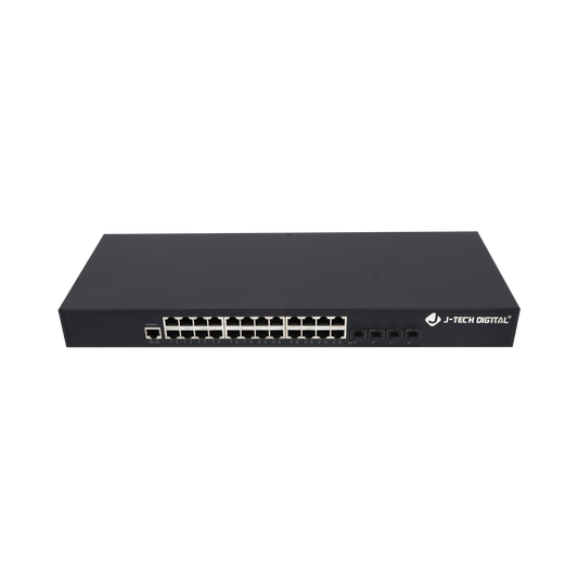 24-Port AV Over IP Gigabit Ethernet Switch + 4 SFP+ ports for AV over IP setups.Web Management for AV over IP, Layer 3 Functions, and Flexible Routing for J-Tech Digital Systems