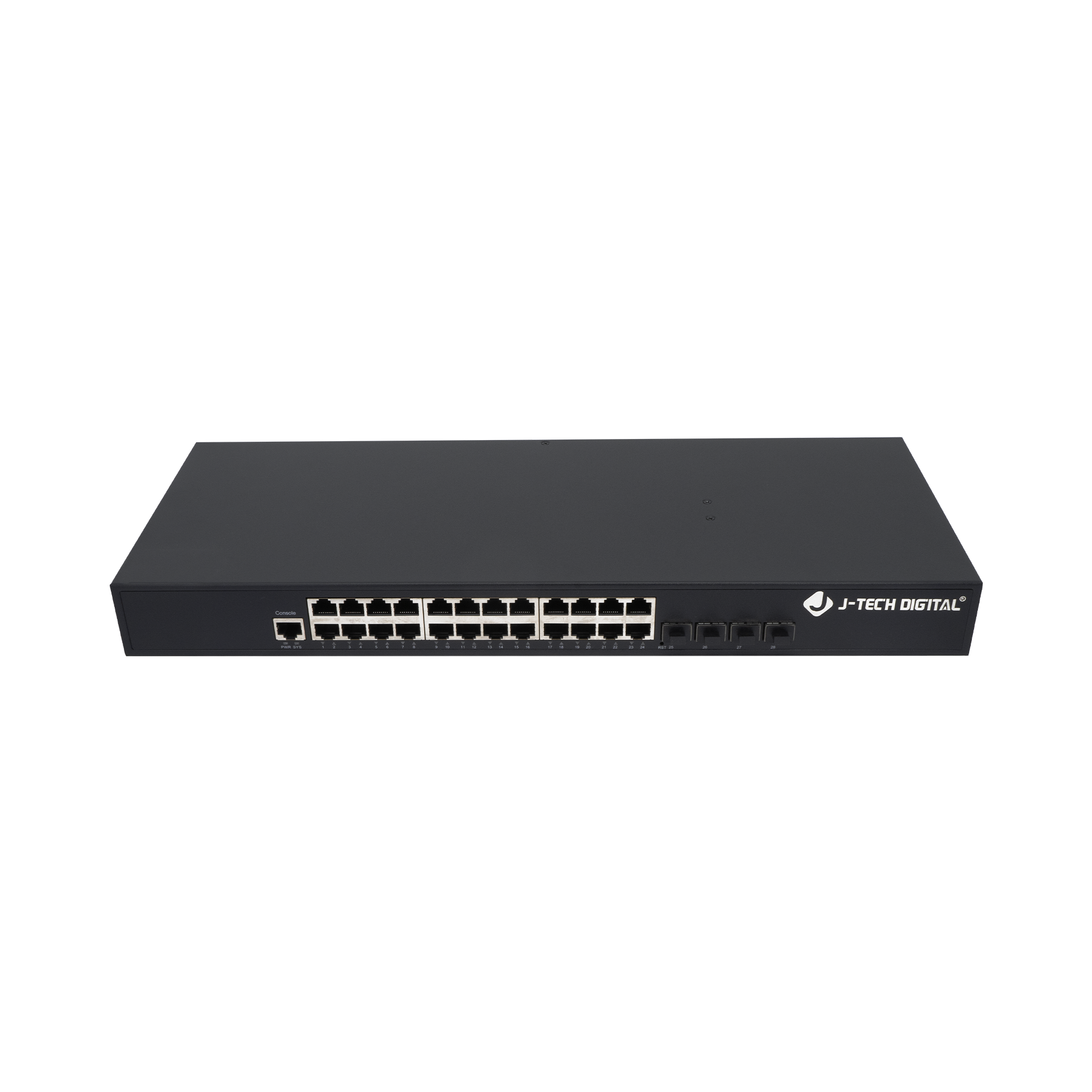 24-Port AV Over IP Gigabit Ethernet Switch + 4 SFP+ ports for AV over IP setups.Web Management for AV over IP, Layer 3 Functions, and Flexible Routing for J-Tech Digital Systems