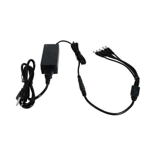 Compact 12V power adapter with 5.5mm x 2.5mm connector and safety features