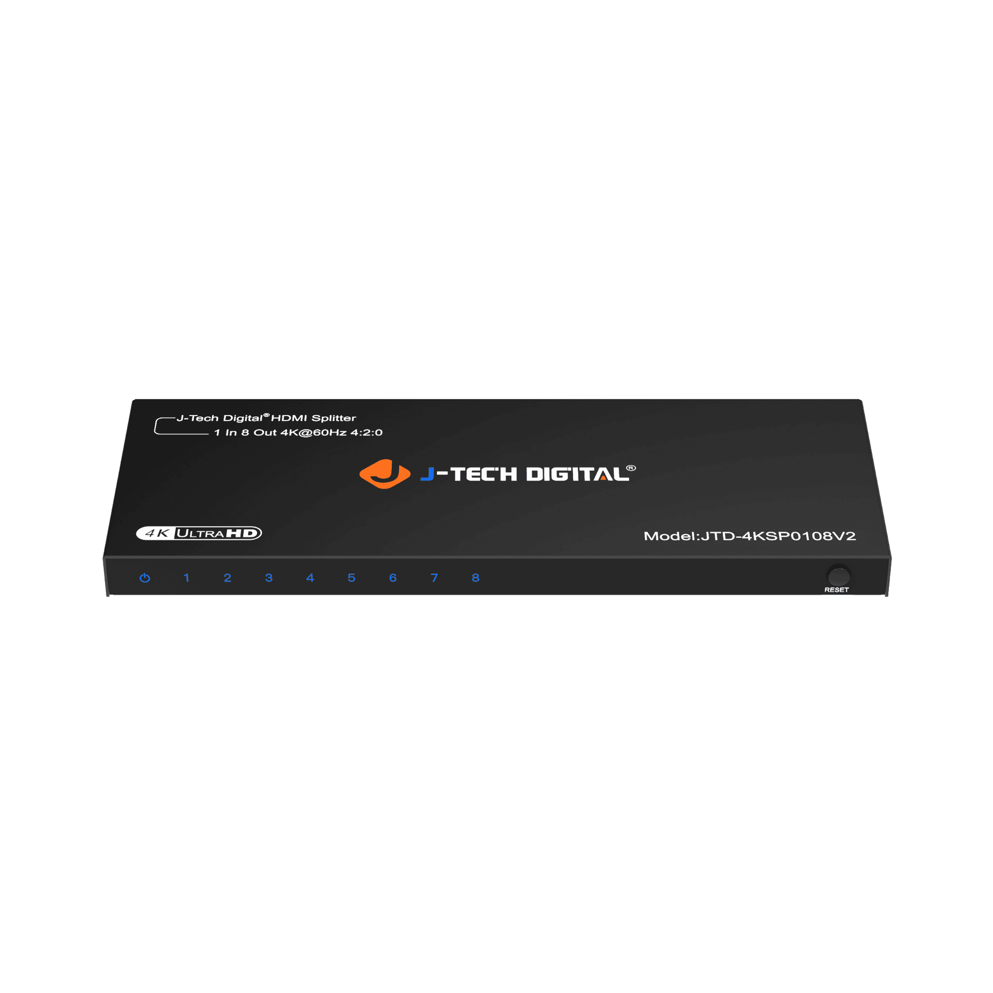 J-Tech Digital Black J-Tech Digital 1x8 HDMI splitter with 4K Ultra HD branding and model JTD-4KSP0108V2