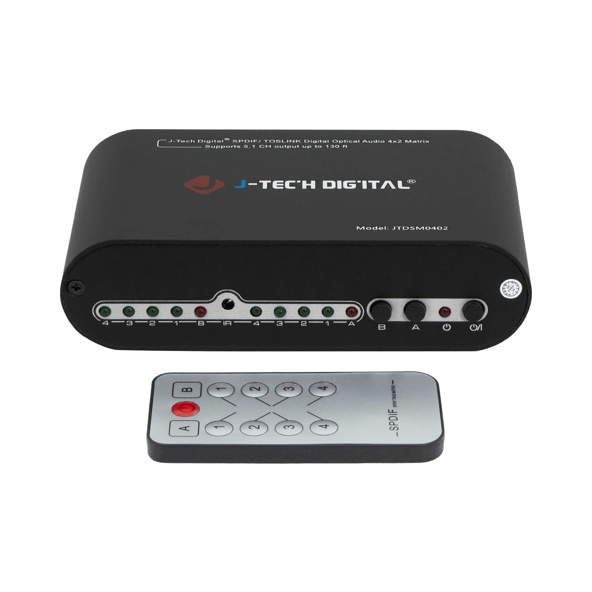 4-in 2-out SPDIF optical matrix switch with Dolby Digital 5.1 support. Features remote and front panel control for seamless audio routing between multiple devices.