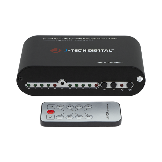 4-in 2-out SPDIF optical matrix switch with Dolby Digital 5.1 support. Features remote and front panel control for seamless audio routing between multiple devices.