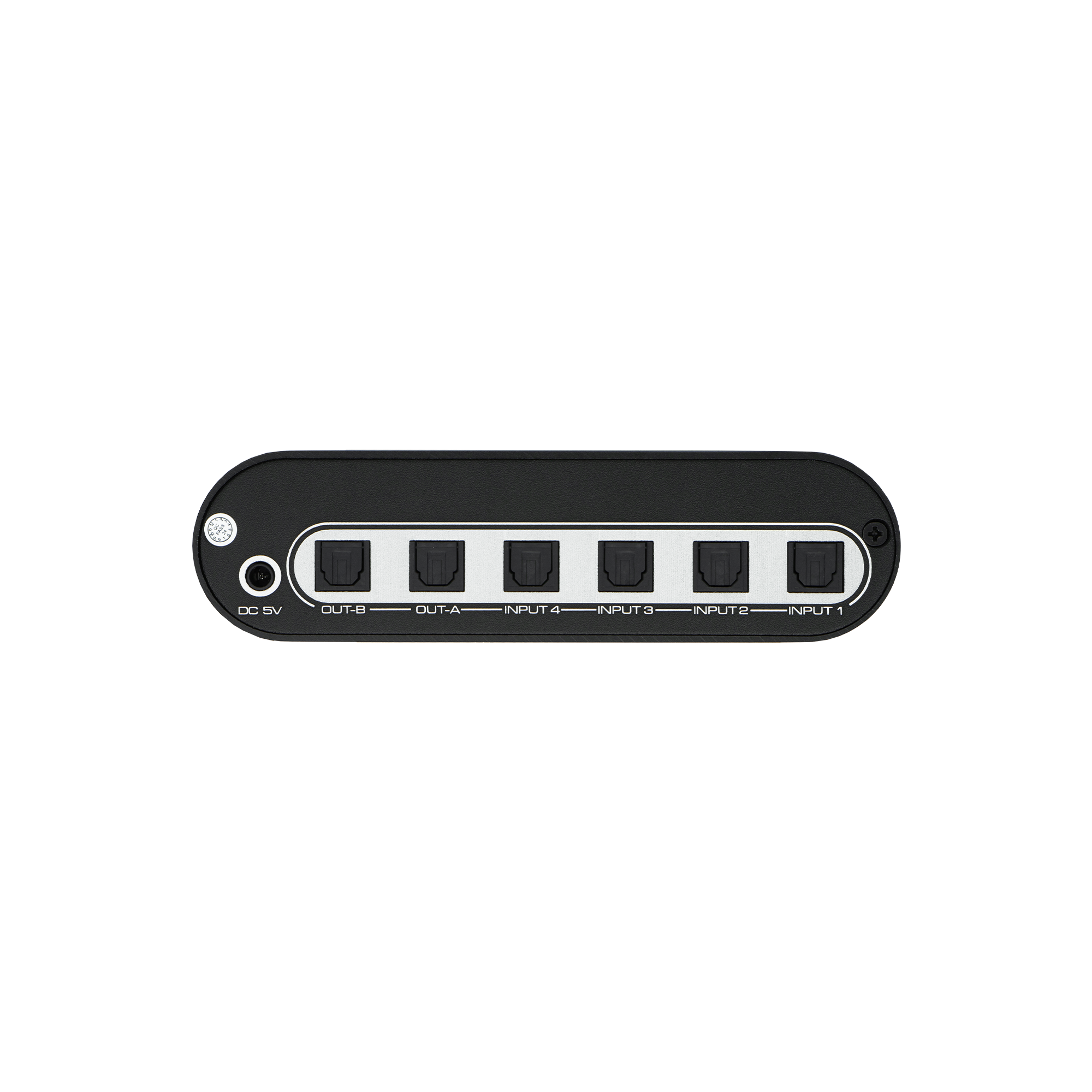 SPDIF optical matrix switch with 4-in 2-out configuration. Enables Dolby Digital 5.1 audio switching with simultaneous routing and convenient remote control operation.