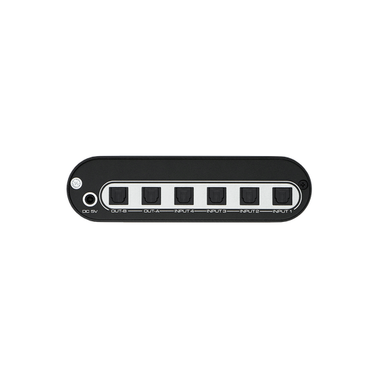 SPDIF optical matrix switch with 4-in 2-out configuration. Enables Dolby Digital 5.1 audio switching with simultaneous routing and convenient remote control operation.