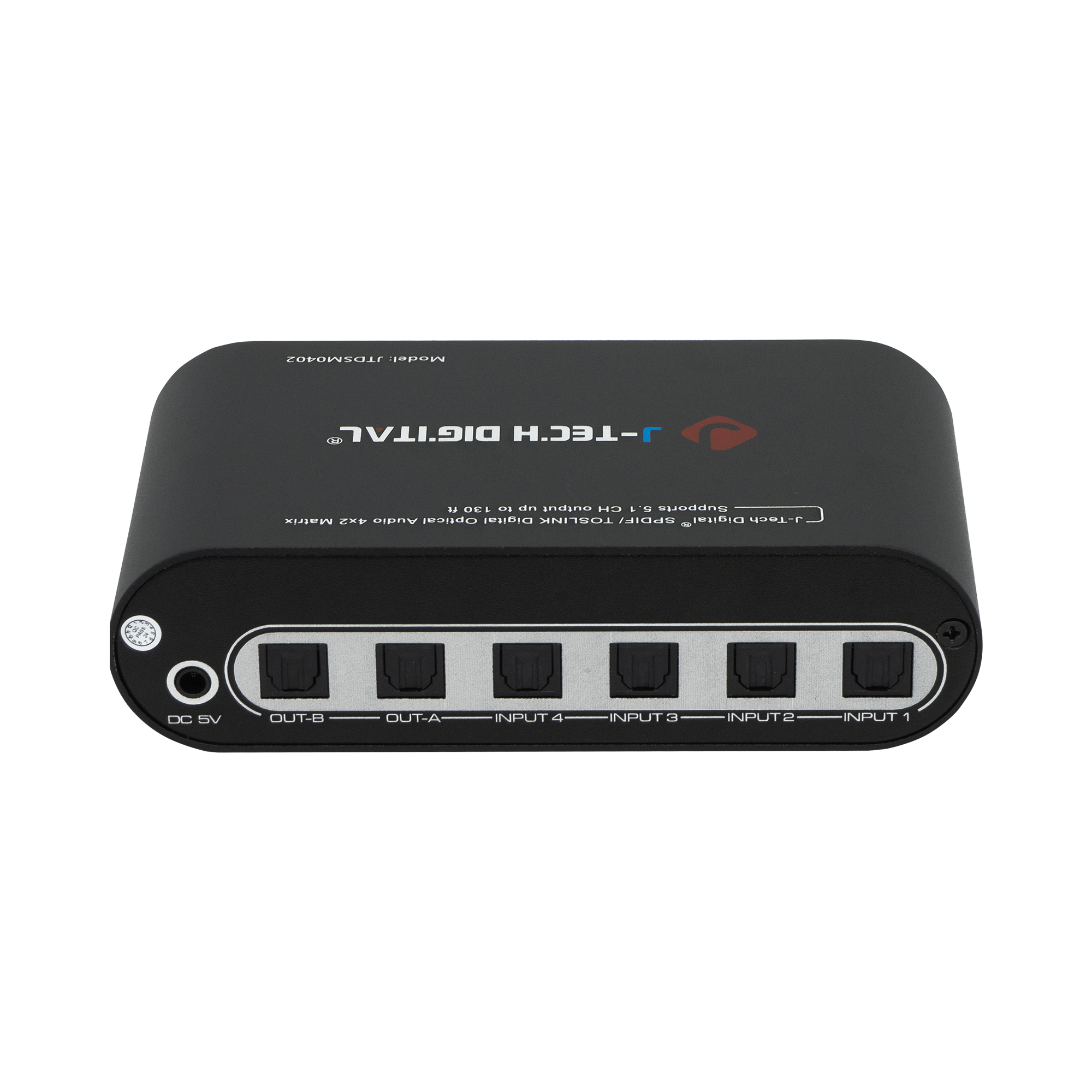 High-performance SPDIF optical matrix switch with 4 inputs and 2 outputs. Supports Dolby Digital 5.1 and allows simultaneous audio routing with remote control access.