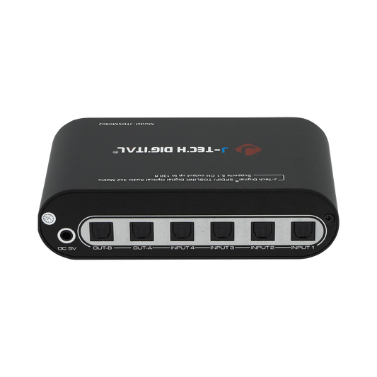 High-performance SPDIF optical matrix switch with 4 inputs and 2 outputs. Supports Dolby Digital 5.1 and allows simultaneous audio routing with remote control access.