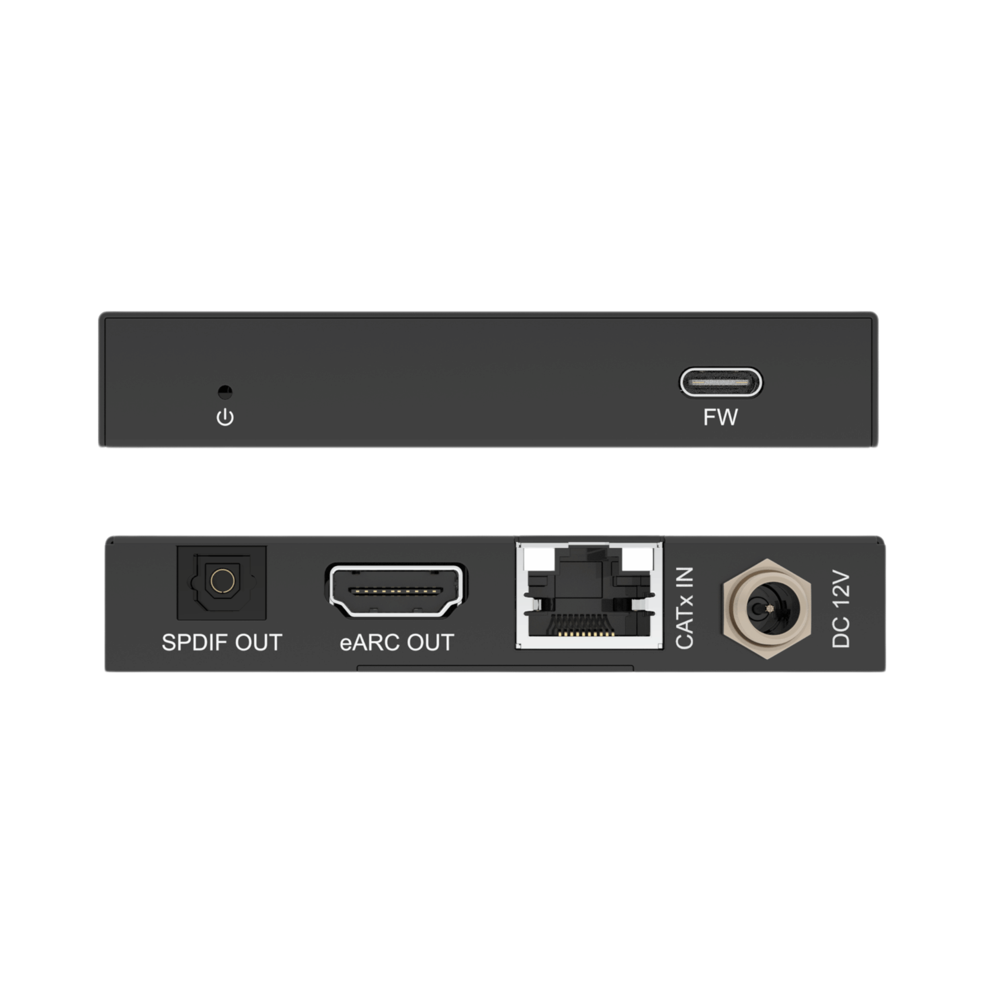 jtd-3316 HDMI eARC/ARC & Optical SPDIF Audio Extender over Cat5e/6 [328ft] receveir front and back panel showing optical, hdmi, and ethernet ports