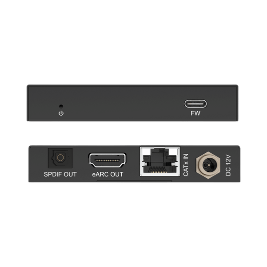 jtd-3316 HDMI eARC/ARC & Optical SPDIF Audio Extender over Cat5e/6 [328ft] receveir front and back panel showing optical, hdmi, and ethernet ports