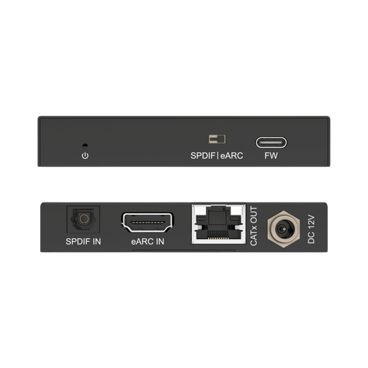 jtd-3316 HDMI eARC/ARC & Optical SPDIF Audio Extender over Cat5e/6 [328ft] transmitter front and back panels showing optical, hdmi, and etherent ports