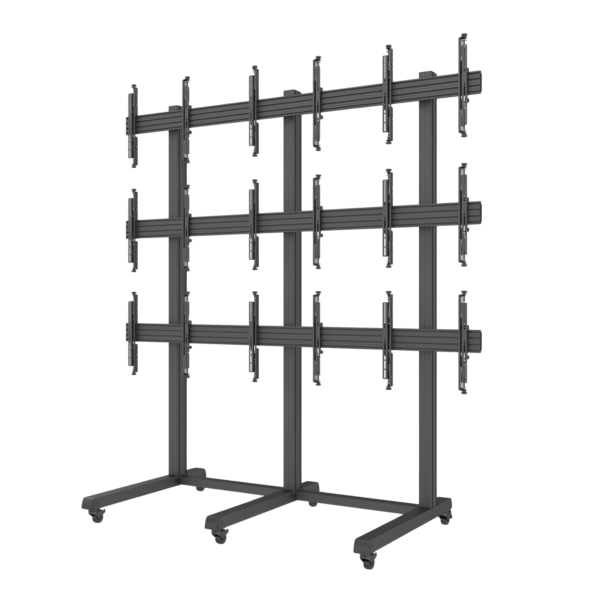 J-Tech Digital 3x3 mobile TV video wall mount with nine brackets, cable management and lockable wheels