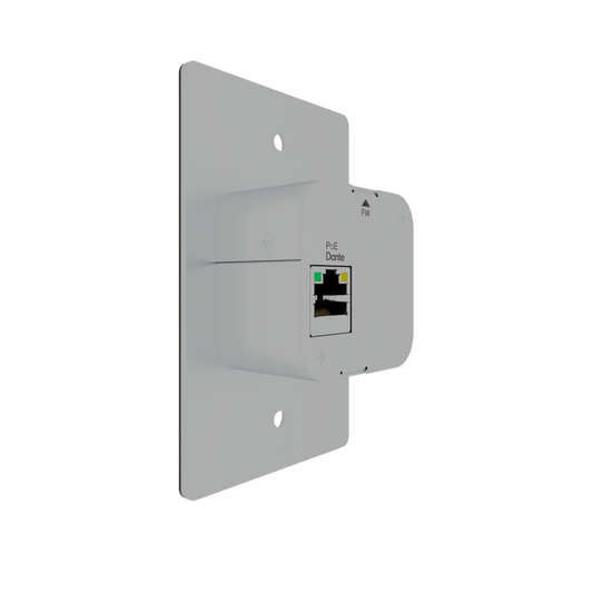 Single-gang Bluetooth to Dante Converter Wall Plate at an angle