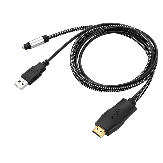 HDMI ARC/eARC to Optical Digital Audio Converter Cable showing hdmi, usb, and optical ports, compatible with sound systems and displays
