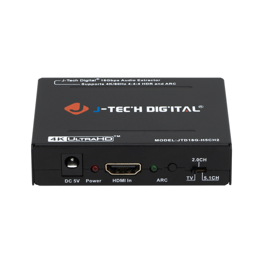 4K HDMI audio extractor with SPDIF Optical and RCA L/R outputs. Supports HDMI-ARC for easy audio transmission and 2ch/5.1ch compatibility for enhanced sound.