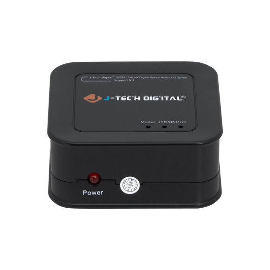 1x3 optical splitter with Dolby Digital & DTS 5.1 support. Distributes audio to three devices simultaneously with built-in over-voltage protection.