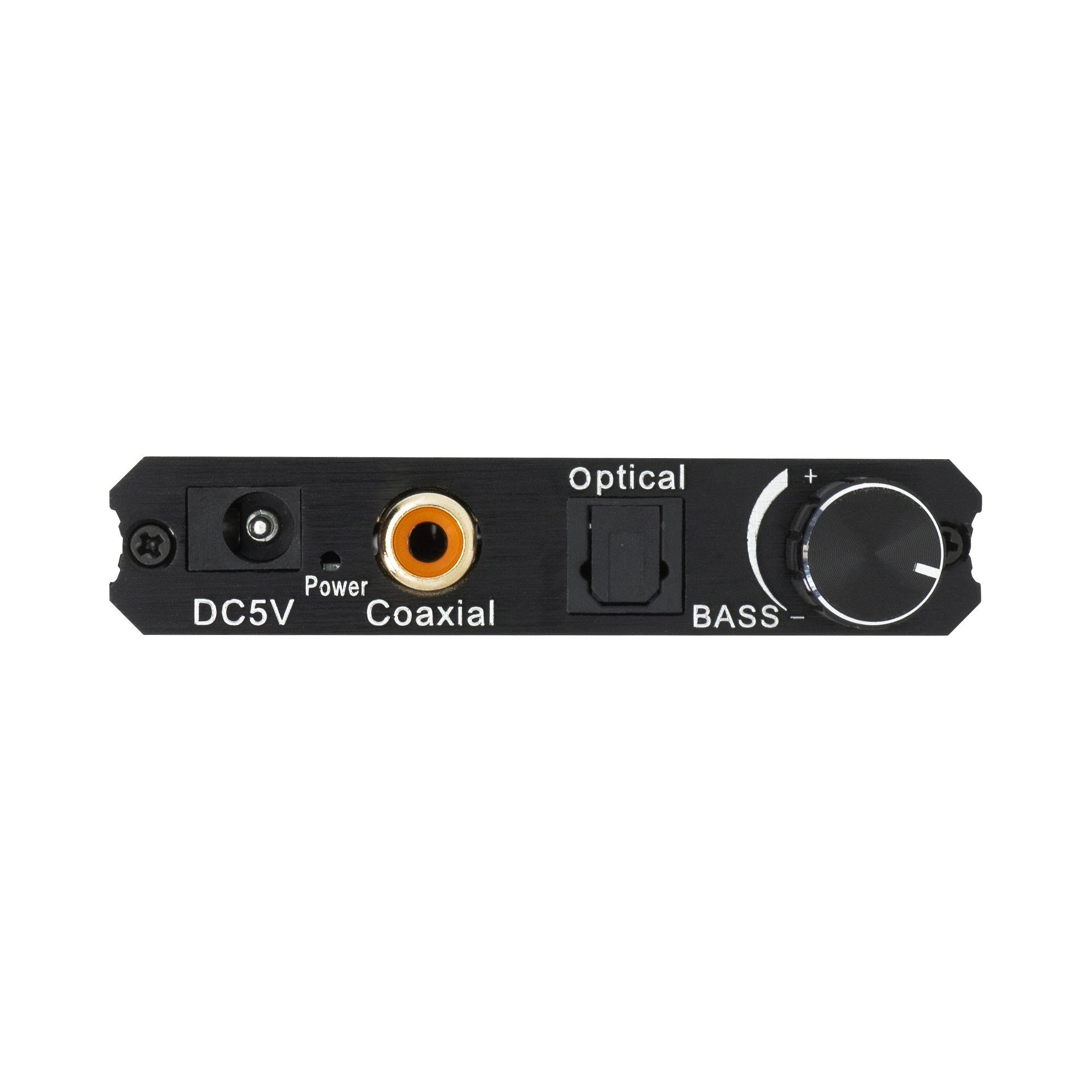 Versatile Digital to Analog Converter (DAC) with optical/coaxial inputs. Delivers high-resolution audio through RCA and 3.5mm outputs, featuring volume and bass adjustments.