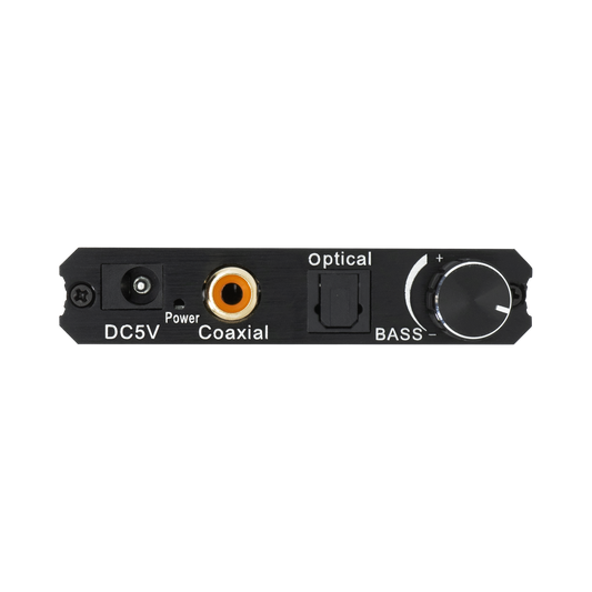 Versatile Digital to Analog Converter (DAC) with optical/coaxial inputs. Delivers high-resolution audio through RCA and 3.5mm outputs, featuring volume and bass adjustments.