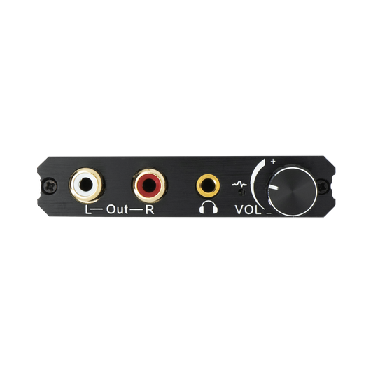 192kHz 24-bit Digital to Analog Converter (DAC) with optical and coaxial inputs. Equipped with RCA and 3.5mm outputs, plus volume and bass controls for enhanced sound quality.