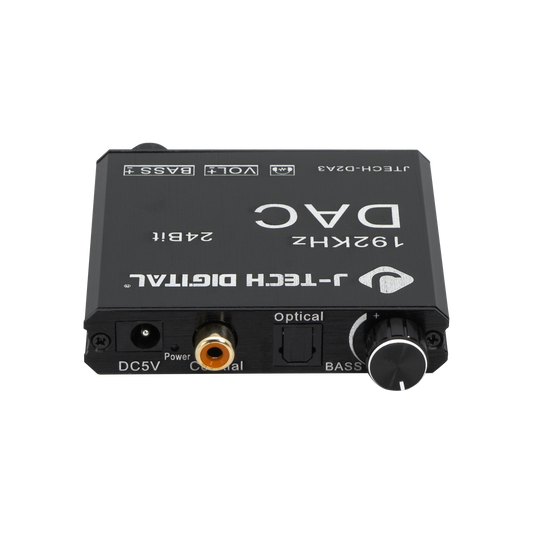 Premium Digital to Analog Converter (DAC) for crystal-clear audio conversion. Supports optical/coaxial inputs, RCA/3.5mm outputs, volume amplification, and bass adjustment.