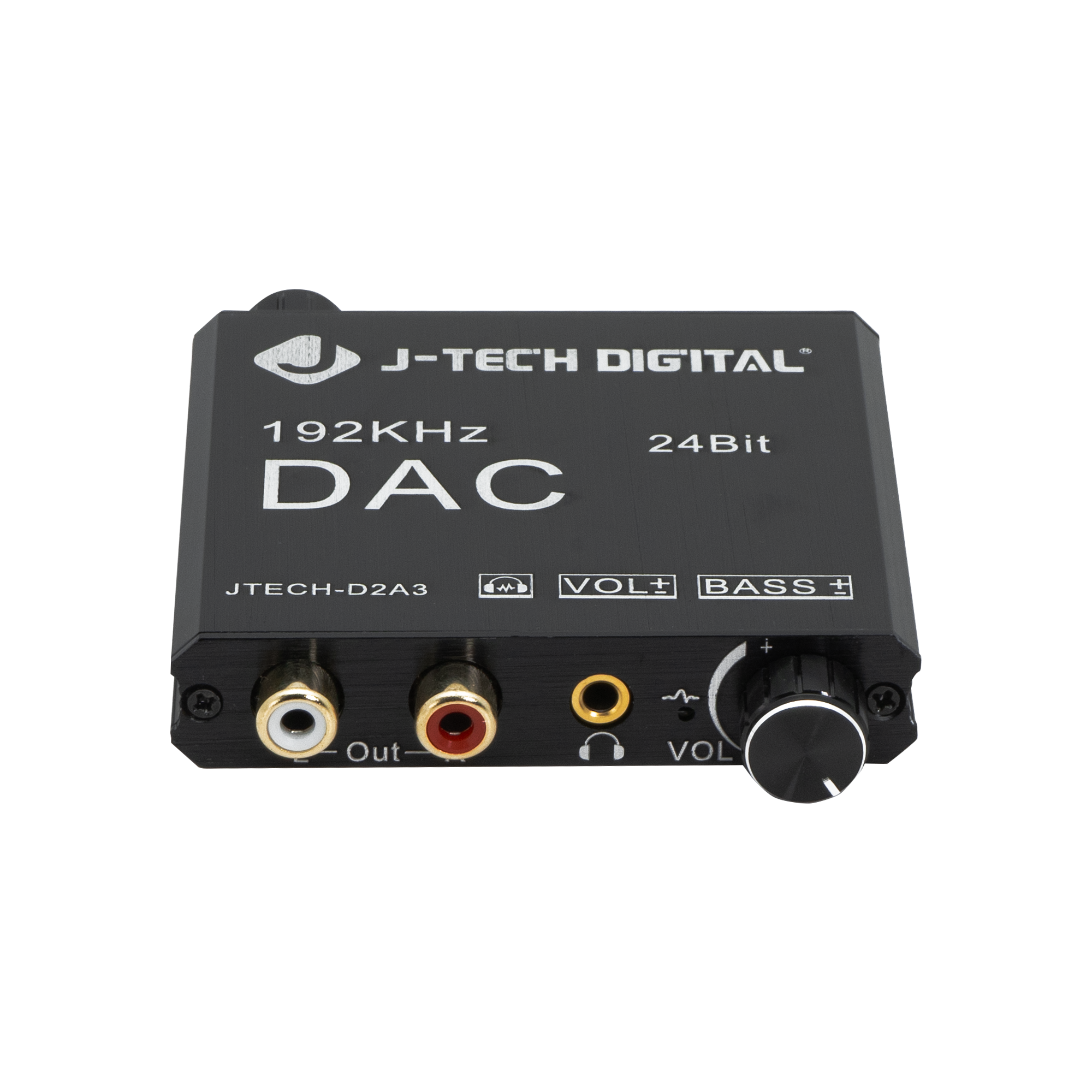 High-fidelity Digital to Analog Converter (DAC) with optical and coaxial inputs. Features RCA and 3.5mm outputs, built-in volume amplifier, bass control, and 192kHz 24-bit sampling rate.