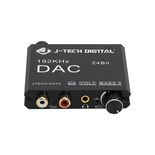 High-fidelity Digital to Analog Converter (DAC) with optical and coaxial inputs. Features RCA and 3.5mm outputs, built-in volume amplifier, bass control, and 192kHz 24-bit sampling rate.