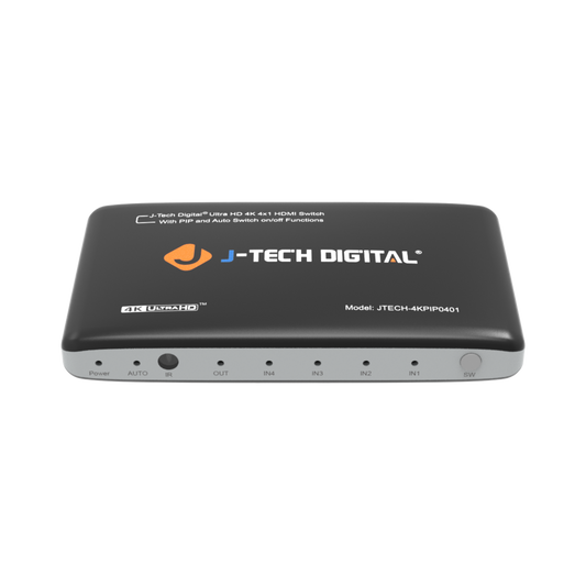 4x1 HDMI Switch – Switch between 4 HDMI devices with ease, supports 4K@30Hz, auto-switching, and Picture-in-Picture (PiP) up to 1080p, includes IR remote.