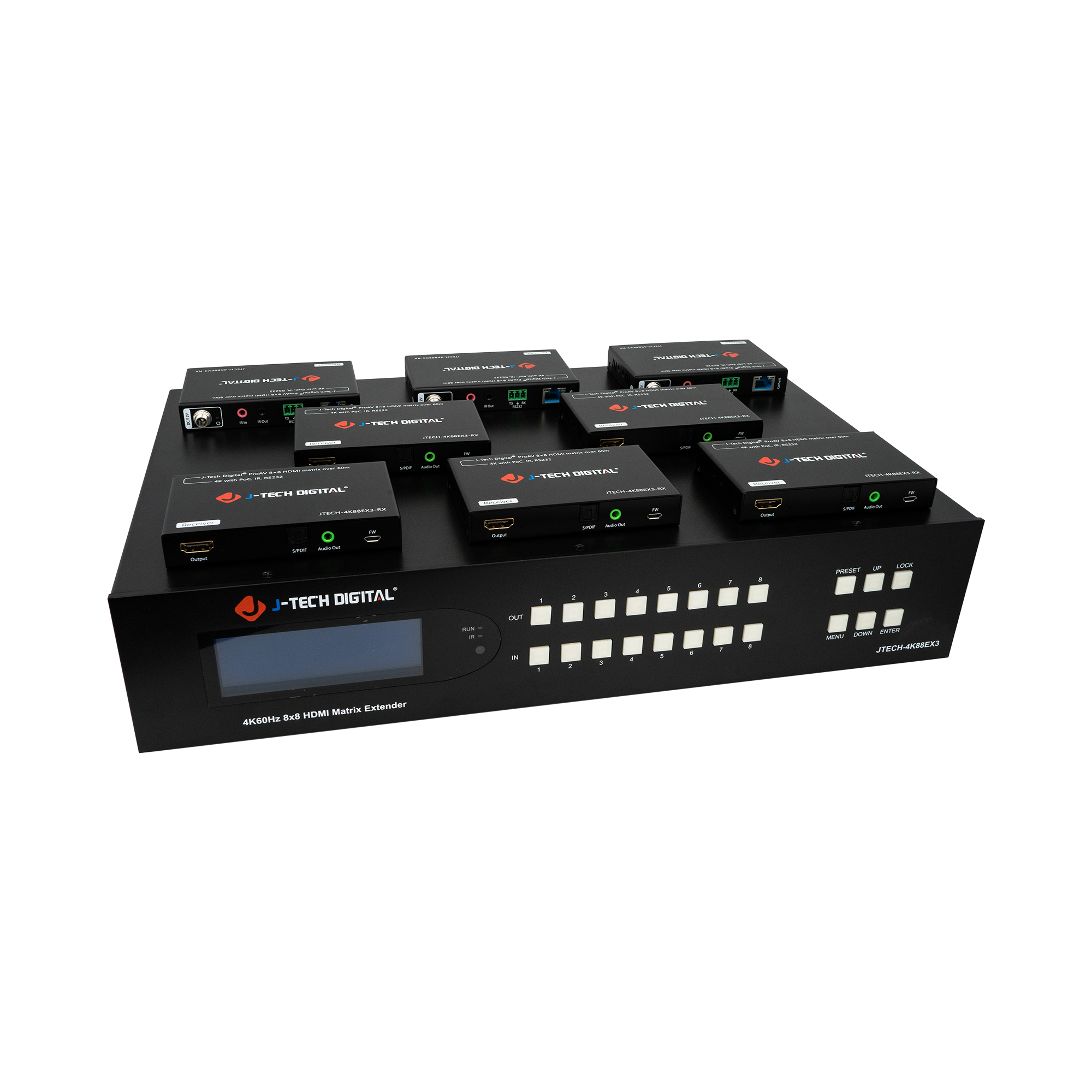 8x8 HDMI matrix extender with 4K 60Hz support and long-distance Ethernet signal extension.